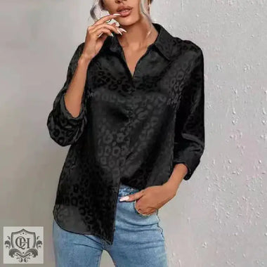 Women Clothing Spring Autumn Long Sleeve Collared Elegant Satin Jacquard Leopard Print Shirt - Quality Home Clothing| Beauty