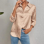 Women Clothing Spring Autumn Long Sleeve Collared Elegant Satin Jacquard Leopard Print Shirt - Quality Home Clothing| Beauty