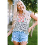 Leopard Ruffle Shoulder Embellished V-neck Sleeveless Top - Leopard / S / 97% Polyester + 3% Elastane - Tops/Tank Tops