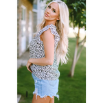 Leopard Ruffle Shoulder Embellished V-neck Sleeveless Top - Tops/Tank Tops