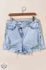 Light Blue Acid Wash Crossed Raw Edge Denim Shorts - Bottoms/Denim Shorts