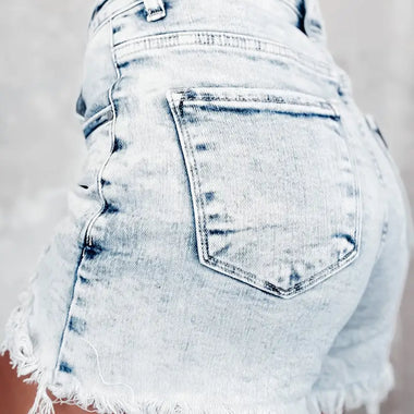 Light Blue Acid Wash Crossed Raw Edge Denim Shorts - Bottoms/Denim Shorts