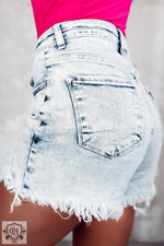 Light Blue Acid Wash Crossed Raw Edge Denim Shorts - Bottoms/Denim Shorts