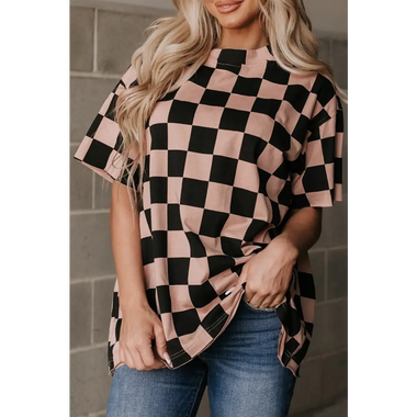 Light French Beige Checkmate Boyfriend Casual Tee - Light French Beige / S / 95% Polyester + 5% Elastane - Tops/Tops &