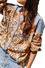 Light French Beige Colorful Leopard Striped Print Patchwork V Neck Shirt - Tops/Blouses & Shirts