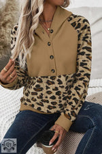 Light French Beige Leopard Print Patchwork Raglan Sleeve Half Buttons Hoodie - Tops/Sweatshirts & Hoodies