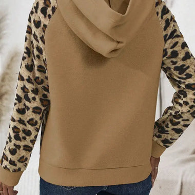 Light French Beige Leopard Print Patchwork Raglan Sleeve Half Buttons Hoodie - Tops/Sweatshirts & Hoodies