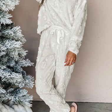 Cozy Light Grey Leopard Textured Loose Fit Fleece Lounge Set perfect for relaxation in all sizes