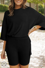 Black casual romper with three-quarter sleeves and shorts in Euro sizes for relaxed style