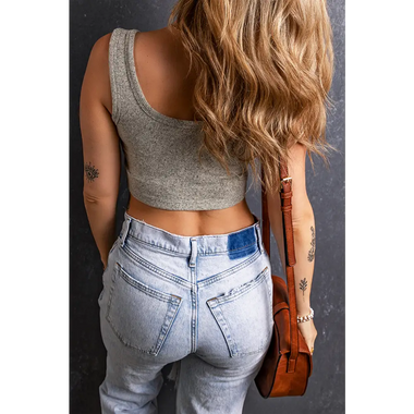 Light-wash high-waisted jeans with Light Grey Stretchy Knitted Sleeveless Crop Top