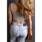 Light-wash high-waisted jeans with Light Grey Stretchy Knitted Sleeveless Crop Top