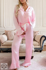 Light Pink Satin Knot Accent Shirt and Ruffled Pants Lounge Set for relax relax