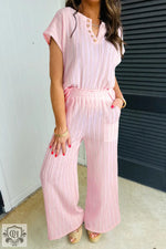 Light Pink Textured Short Sleeve Henley Top and Pocketed Wide Leg Pants - Light Pink / S / 95% Polyester + 5% Elastane