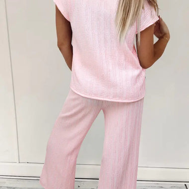 Light Pink Textured Short Sleeve Henley Top and Pocketed Wide Leg Pants - Two Piece Sets/Pant Sets