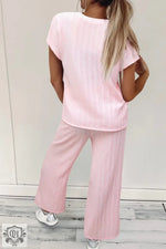 Light Pink Textured Short Sleeve Henley Top and Pocketed Wide Leg Pants - Two Piece Sets/Pant Sets