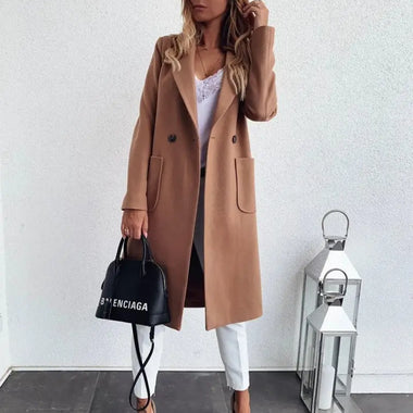 Popular Autumn Winter Solid Color Long Sleeve Double Pocket Collar Woolen Coat For Women Plus Size - Quality Home Clothing| Beauty