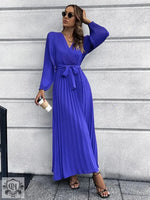 Autumn Winter Women V neck Long Sleeve Pleated A line  Mid Length Dress - Quality Home Clothing| Beauty