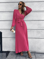 Autumn Winter Women V neck Long Sleeve Pleated A line  Mid Length Dress - Quality Home Clothing| Beauty