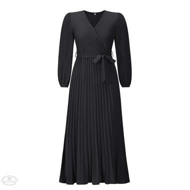 Autumn Winter Women V neck Long Sleeve Pleated A line  Mid Length Dress - Quality Home Clothing| Beauty