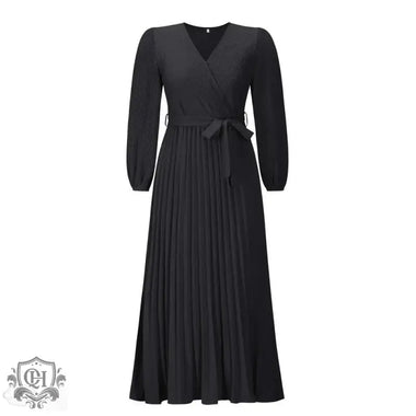 Autumn Winter Women V neck Long Sleeve Pleated A line  Mid Length Dress - Quality Home Clothing| Beauty