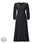 Autumn Winter Women V neck Long Sleeve Pleated A line  Mid Length Dress - Quality Home Clothing| Beauty