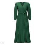 Autumn Winter Women V neck Long Sleeve Pleated A line  Mid Length Dress - Quality Home Clothing| Beauty