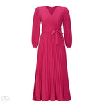 Autumn Winter Women V neck Long Sleeve Pleated A line  Mid Length Dress - Quality Home Clothing| Beauty