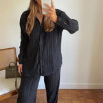 Long Sleeve Shirt & Wide Leg Trousers - S / Black - Clothing