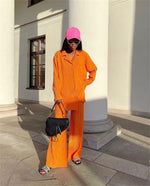 Long Sleeve Shirt & Wide Leg Trousers - S / Orange - Clothing