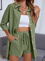 Loose Cotton Shirt Suit - S / Army Green - Clothing