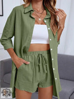 Loose Cotton Shirt Suit - S / Army Green - Clothing