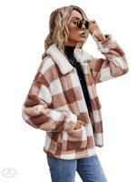 Autumn Winter Zipper  Collared Plush Plaid Coat Loose Office Women Outerwear - Quality Home Clothing| Beauty