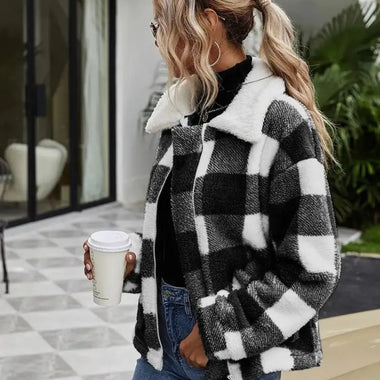 Autumn Winter Zipper  Collared Plush Plaid Coat Loose Office Women Outerwear - Quality Home Clothing| Beauty