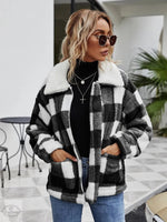 Autumn Winter Zipper  Collared Plush Plaid Coat Loose Office Women Outerwear - Quality Home Clothing| Beauty