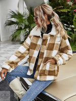 Autumn Winter Zipper  Collared Plush Plaid Coat Loose Office Women Outerwear - Quality Home Clothing| Beauty