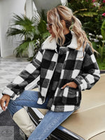 Autumn Winter Zipper  Collared Plush Plaid Coat Loose Office Women Outerwear - Quality Home Clothing| Beauty