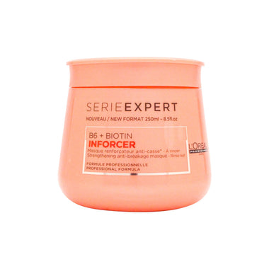 Pink L’Oreal Serie Expert Inforcer Conditioner Mask 250ml container with labeling