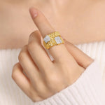 18K gold noble and luxurious geometric diamond-set and textured design versatile ring - QH Clothing