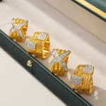 18K gold noble and luxurious geometric diamond-set and textured design versatile ring - QH Clothing