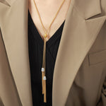 18K gold noble and luxurious sweater chain with long tassel inlaid zircon design necklace - QH Clothing