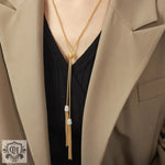 18K gold noble and luxurious sweater chain with long tassel inlaid zircon design necklace - QH Clothing