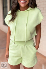 Light green Meadow Mist Green Textured Cropped Hoodie and Shorts Set for relaxed style