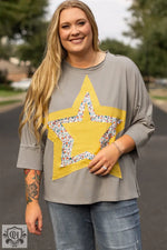 Medium Grey Floral Star Patched Pattern 3/4 Sleeve Plus Size Top - Medium Grey / 1X / 95% Cotton + 5% Elastane - Plus