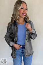 Medium Grey Mineral Wash Patched Pocket Split Denim Jacket - Outerwear/Denim jackets