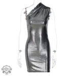 Metallic Coated fabric Women Clothing Autumn Sexy Slim Solid Color Shoulder Sleeveless Sheath Dress - Quality Home Clothing| Beauty