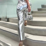 Metallic Coated Fabric Women Autumn Street High Waist Reflective Faux Leather Pants Women Trendy Pants - QH Clothing