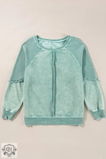 Mineral Blue Solid Waffle Knit Patchwork Raglan Sleeve Sweatshirt - Tops/Sweatshirts & Hoodies