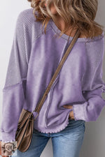 Mineral Blue Solid Waffle Knit Patchwork Raglan Sleeve Sweatshirt - Orchid Petal / S / 50% Polyester + 50% Cotton