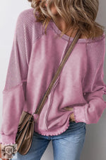 Mineral Blue Solid Waffle Knit Patchwork Raglan Sleeve Sweatshirt - Pink / S / 50% Polyester + 50% Cotton