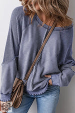 Mineral Blue Solid Waffle Knit Patchwork Raglan Sleeve Sweatshirt - Sail Blue / S / 50% Polyester + 50% Cotton